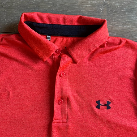Under Armour polo, fluorescent red/orange, large, no snags - Picture 2 of 3